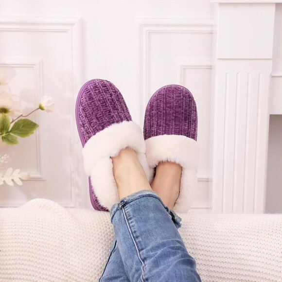 ⚡Women's Purple Fuzzy Memory Foam Slippers Closed Back Knit Slip-On House Shoes - Picture 2 of 6
